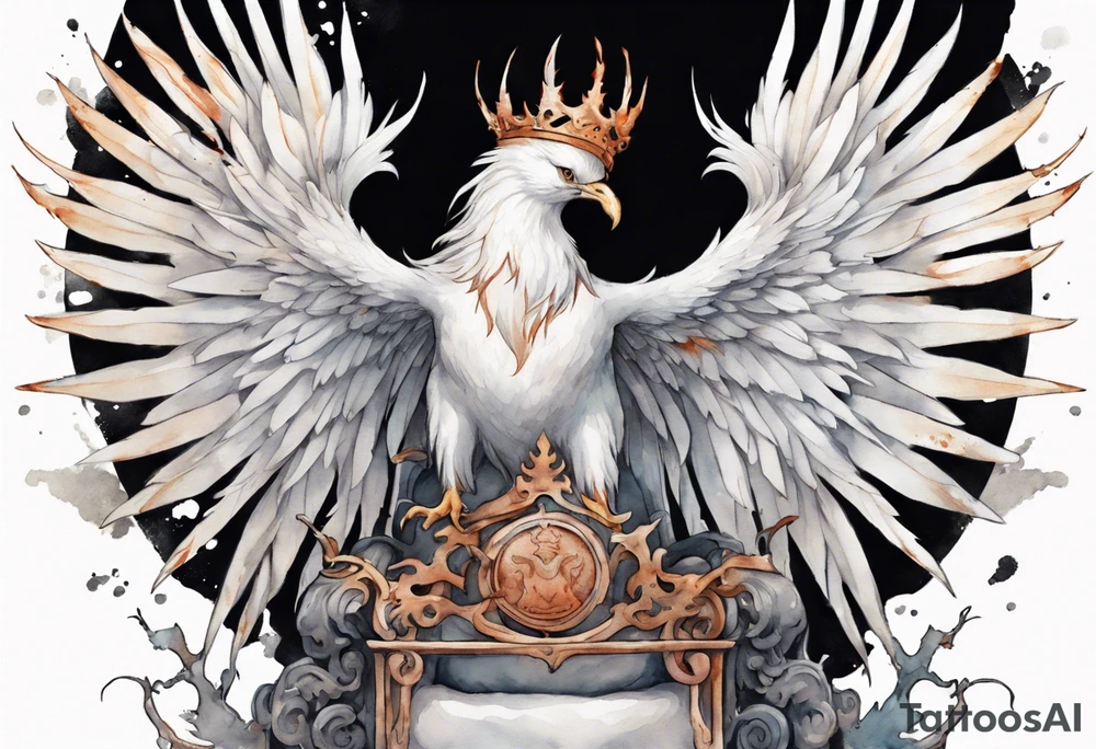 a white phoenix wearing rusty iron crown perched on a throne tattoo idea