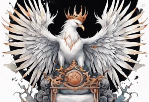 a white phoenix wearing rusty iron crown perched on a throne tattoo idea