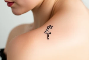 simple logo-style androgynous fairy/angel tattoo for girl's shoulder, lines only black ink. the tattoo is small showing the whole body/figure of the angel tattoo idea