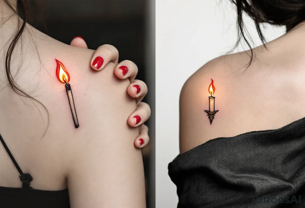 One wears a burning match in red and gold, and the other the lit candle it touches, showing how they ignite each other’s flame. tattoo idea