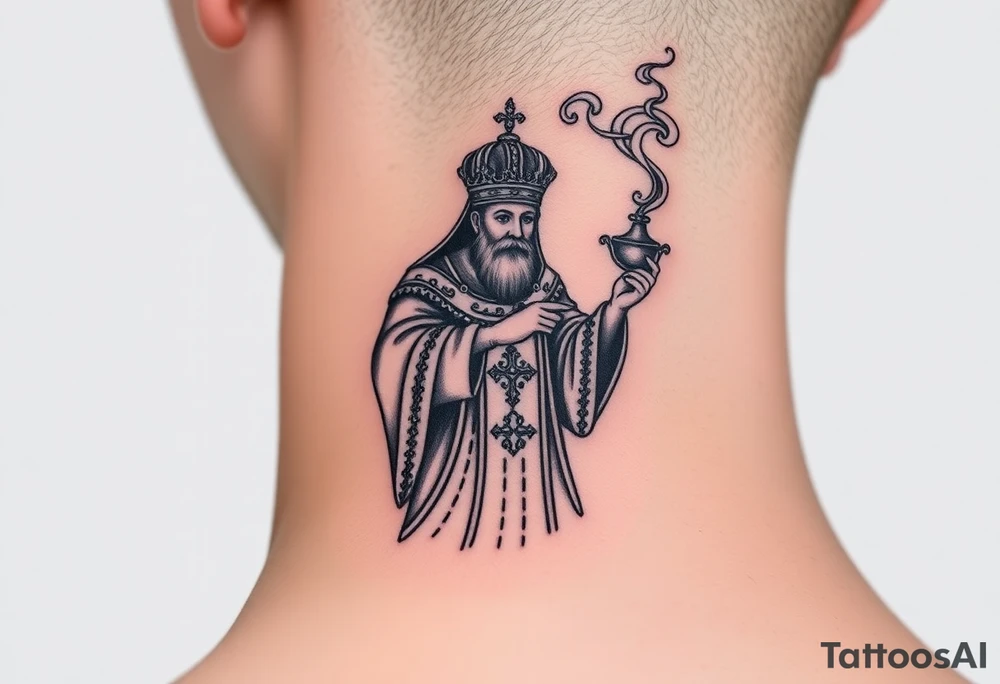 Russian Orthodox Priest in a fully detailed gold vestment swinging a censer with smoke curling upward tattoo idea