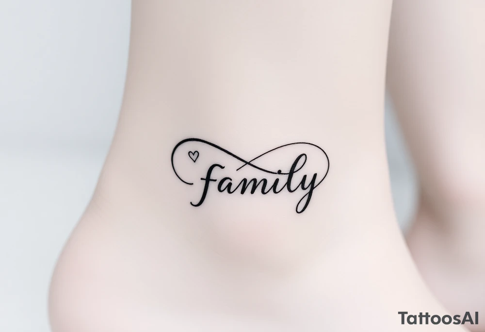 A flowing infinity symbol intertwined with the word "family" written in elegant cursive, symbolizing endless love and connection tattoo idea