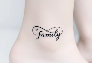 A flowing infinity symbol intertwined with the word "family" written in elegant cursive, symbolizing endless love and connection tattoo idea