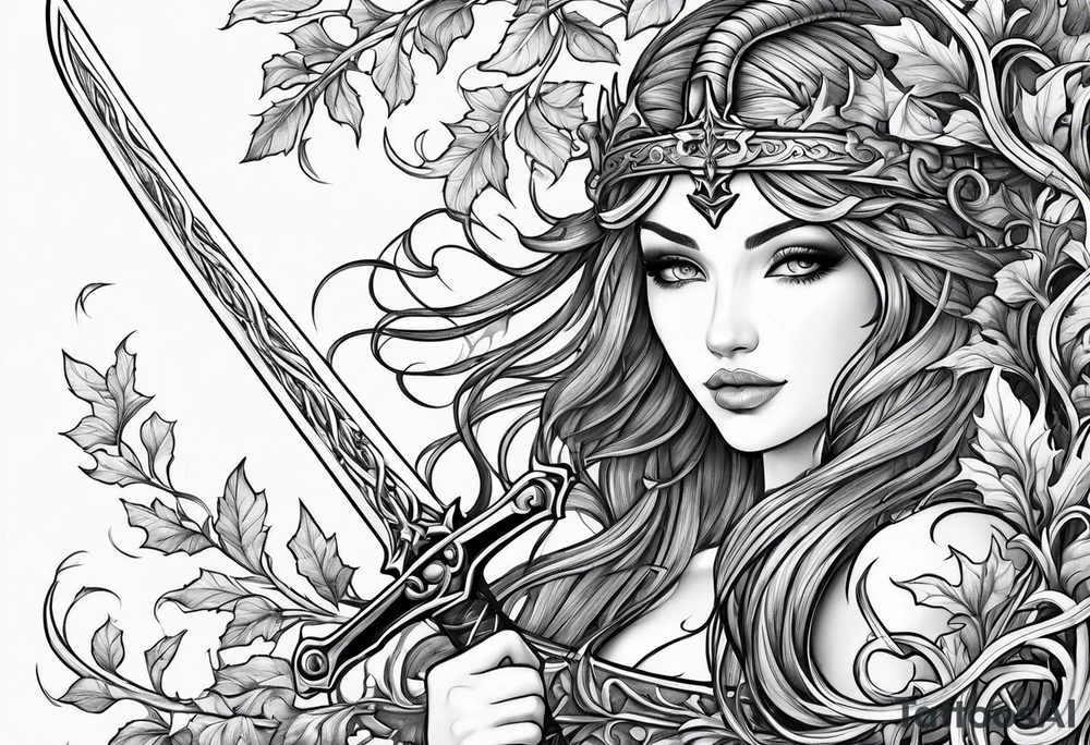 Leafy vines with sword tattoo idea