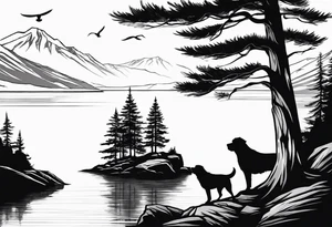 Sleeve tattoo windswept pine tree before lake with low cliff face on another side of lake. Mastiff silhouette in the foreground. with a dock coming out from the shore tattoo idea