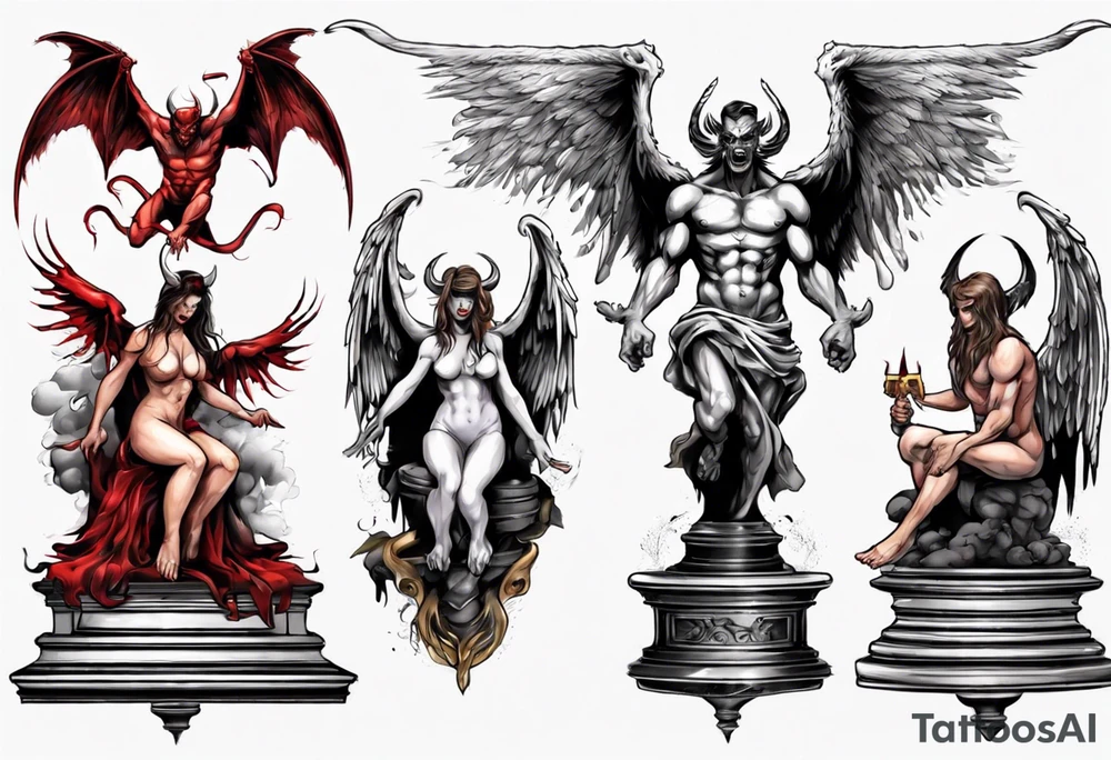 Demon and angel on podium tattoo idea