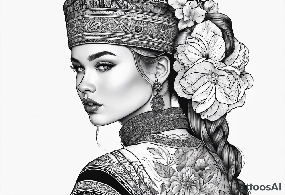 A tattoo design of a girl in the Norwegian national dress. Linework only, full body tattoo idea