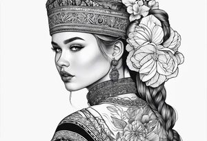 A tattoo design of a girl in the Norwegian national dress. Linework only, full body tattoo idea
