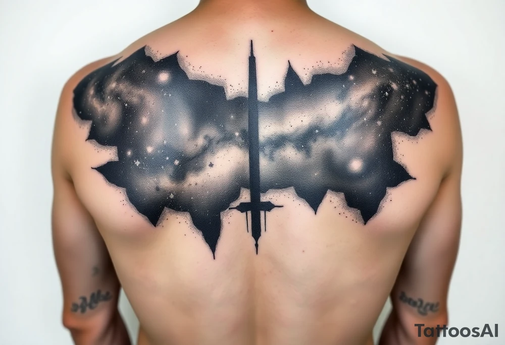 Beautiful and epic 3d milky way that appears to be what is beneath the skin. Make it drape over the shoulder and move to the middle back. use negative spaces to create stars and dust. Incorporate God breathing life into the universe. Keep it symmetrical tattoo idea