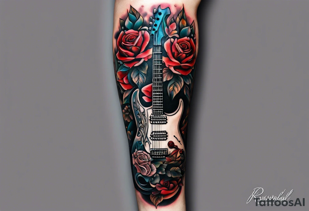 front knee tattoo based on Mike Rubendall with roses, guitar, water, flowers, background wash tattoo idea