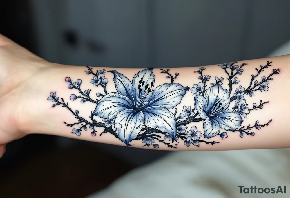 blue spider lily in black and white colours from the anime demon slayer and Cherry Blossoms wrapped around the arm tattoo idea