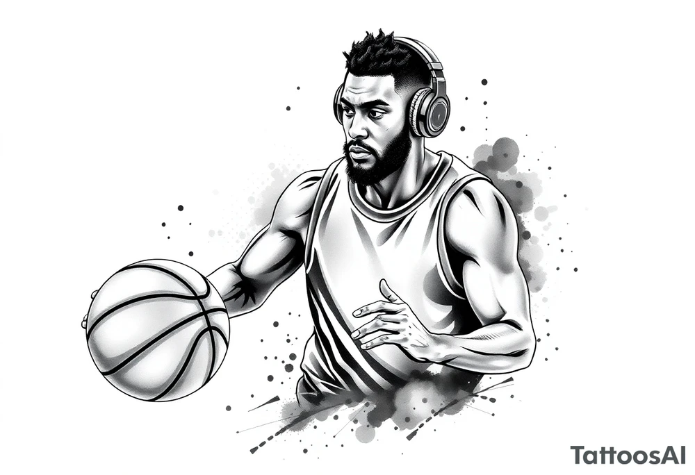 A guy dribbling a basketball with headphones on tattoo idea