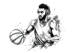 A guy dribbling a basketball with headphones on tattoo idea