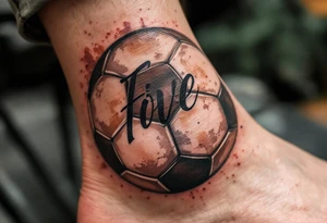 A vintage-style soccer ball shaded in sepia and brown tones with cursive lettering. tattoo idea