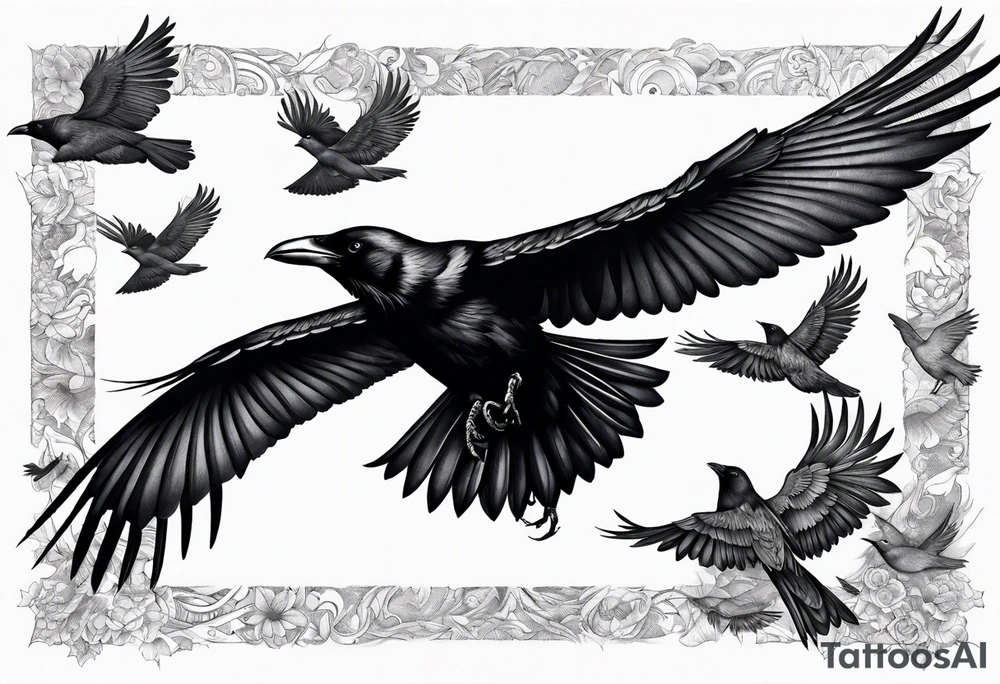 Crow in flight with small crows around tattoo idea