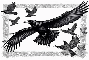 Crow in flight with small crows around tattoo idea