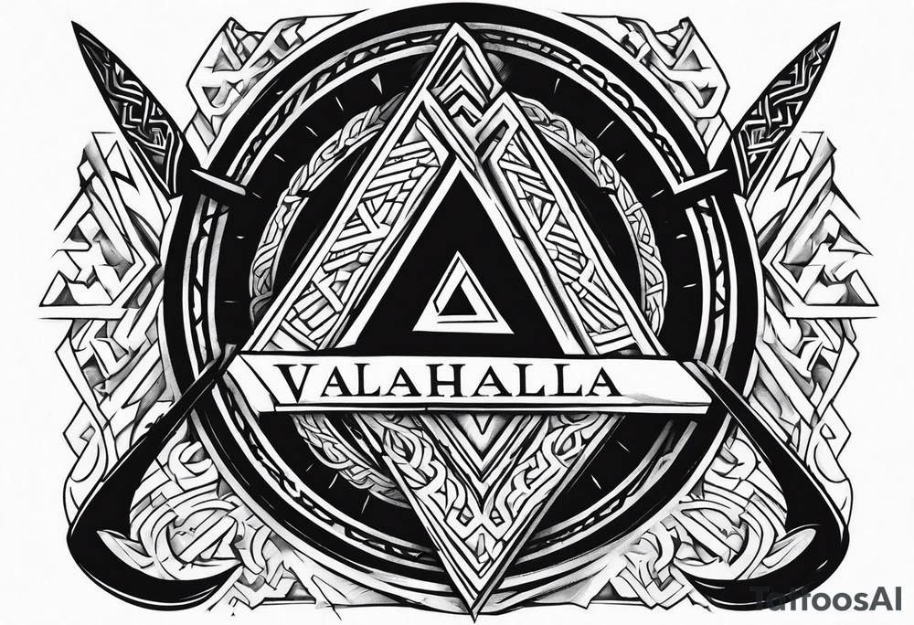 Valhalla 
Sword shield valknut  axe fire tattoo idea