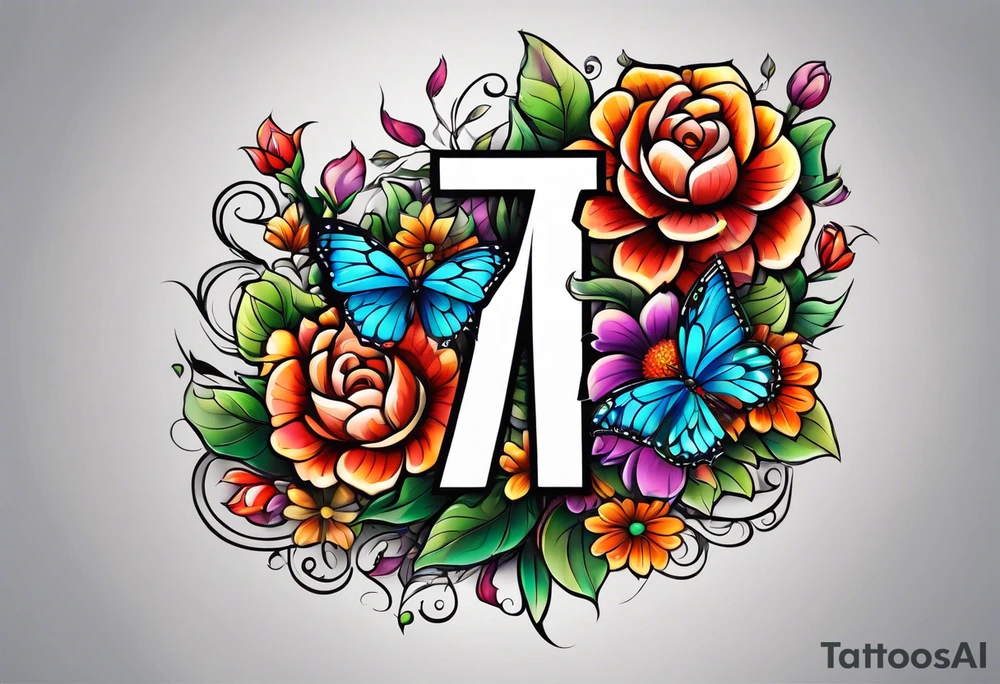 The number seven surrounded by colorful flowers tattoo idea