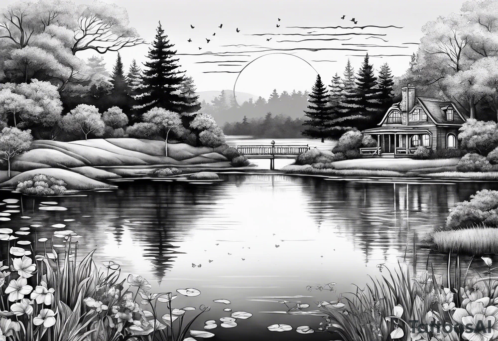 Hidden, secret garden, lake, day moon, beauty, lake house , pond tattoo idea