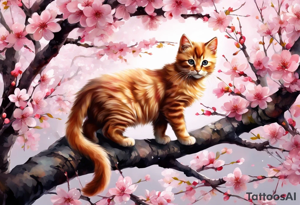 Generate a design to tatto on my biceps where a graceful pink cherry blossom tree extends vertically, occupying the full height of 15cm, with delicate blossoms scattered along its slender branches coloured with a watercolor effect. Nestled among the branches, a small, playful kitten is perched, gazing curiously outward. The kitten's fur can have intricate details, highlighting its softness and playfulness. Surrounding the kitten and the tree, some petals could be gently falling, adding a dynamic and serene feel to the design. This vertical composition would elegantly fit your biceps, creating a charming and feminine piece of art. tattoo idea
