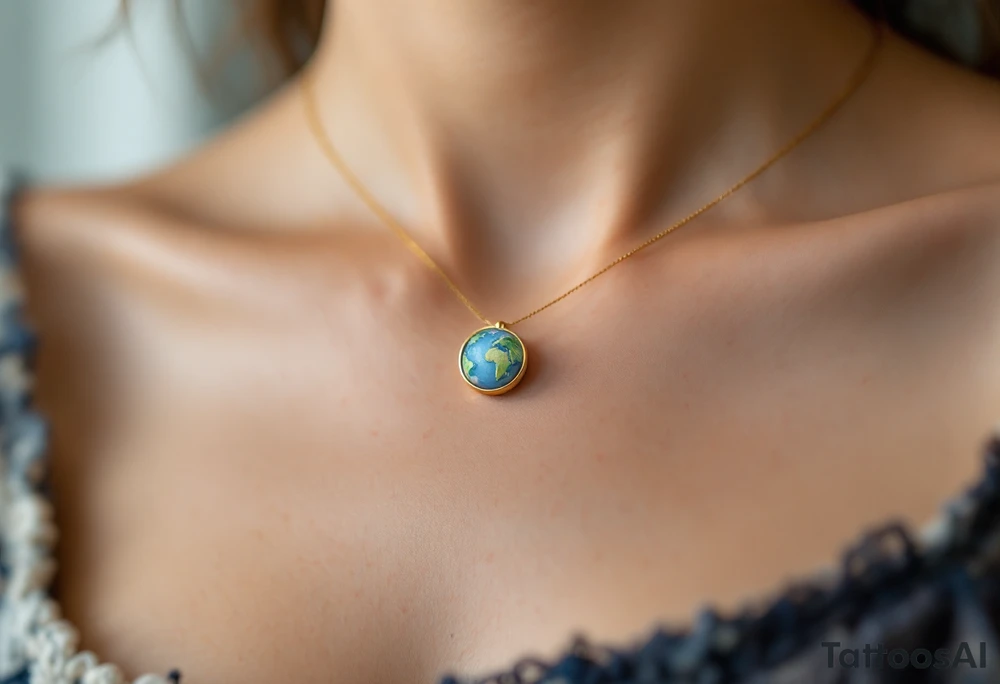 A tiny Earth in subtle sky blue and seafoam green is encased in a thin gold ring like a pendant. tattoo idea