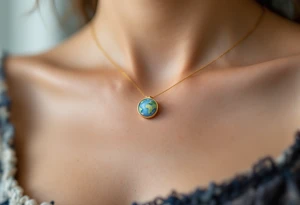 A tiny Earth in subtle sky blue and seafoam green is encased in a thin gold ring like a pendant. tattoo idea
