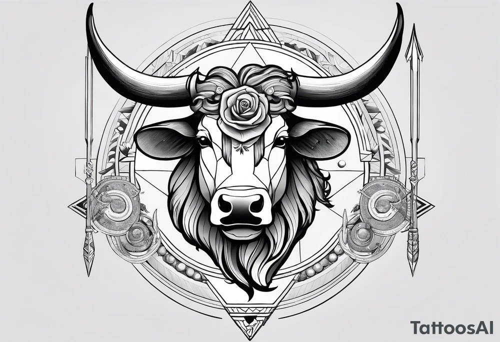 Taurus head with the planets positions on May 20th, 1989. With an arrow splitting the head. Half geometric and half realistic tattoo idea
