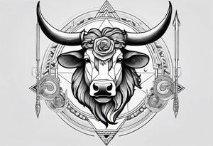 Taurus head with the planets positions on May 20th, 1989. With an arrow splitting the head. Half geometric and half realistic tattoo idea