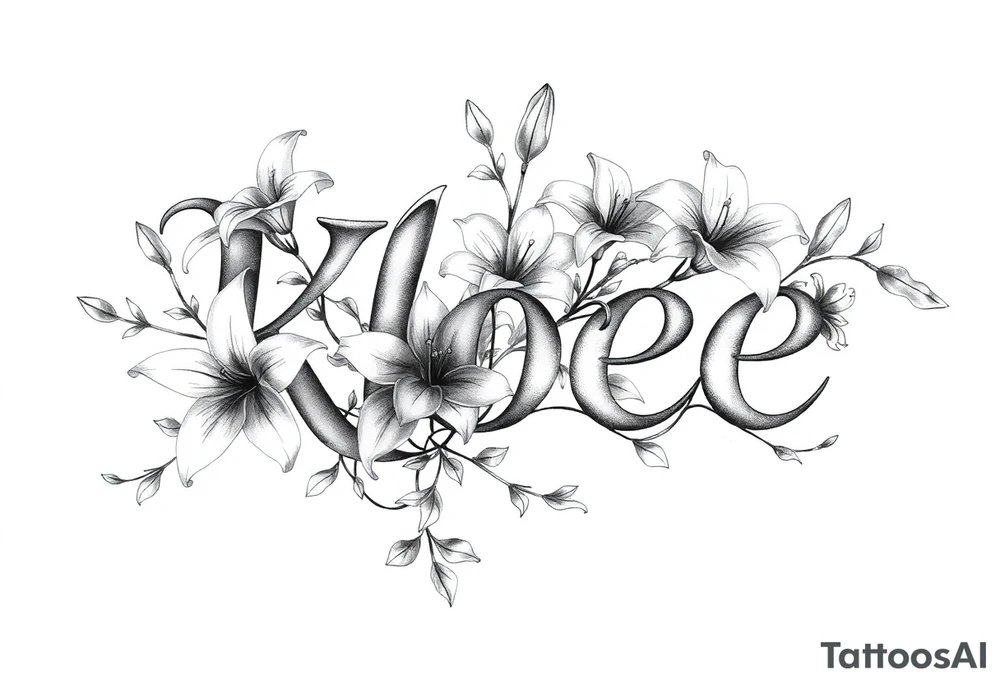 The word Kloee surrounded by big
lilies with the vines in letters tattoo idea