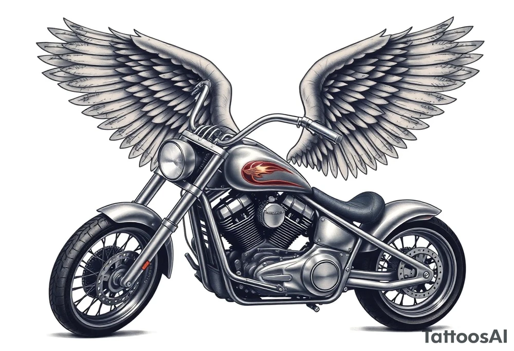 Low rider grey motorcycle, big muffler pipes with flames, angel wings, driving away, no person tattoo idea