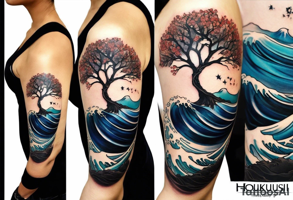 A tattoo of an abstract Tree of Life tattoo to be placed directly on the bicep of a woman. It can wrap around the arm a little. It should have roots growing out of the bottom. The roots slowly turn into water from the Great Wave by Hokusai. A golf flag should be placed discreetly growing out of the ground. 2 license plate tags should be hanging from the tree. Place a few music notes in the areas the leaves should be. The letters A U should be engraving into the tree trunk in a heart. tattoo idea