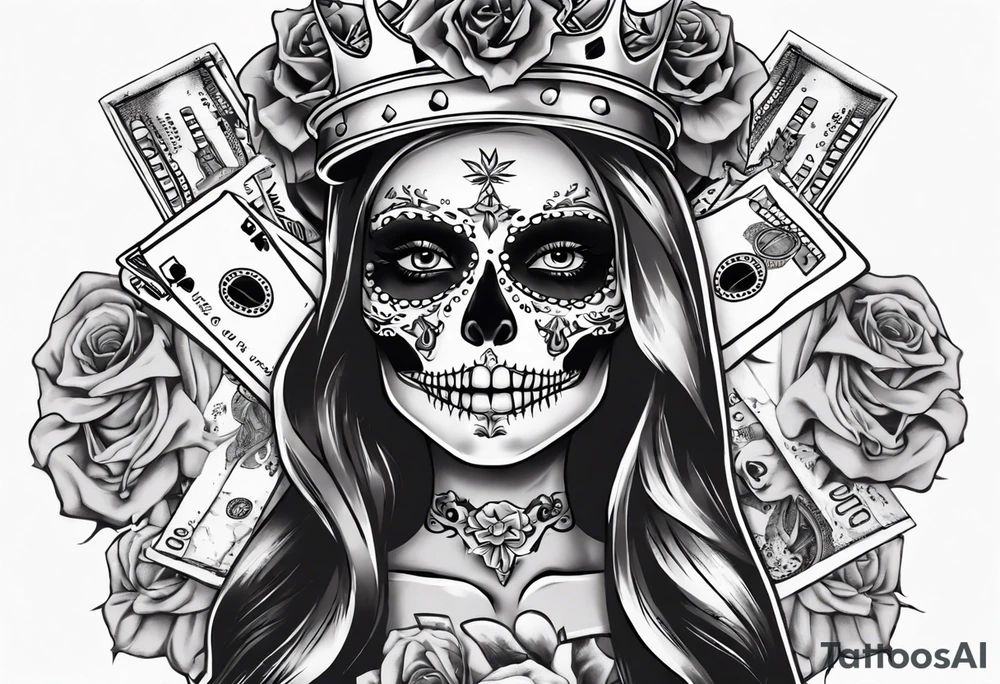 santa la muerta with money and crown
on the card tattoo idea