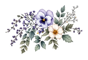 Beautiful Bouquet made up of Heather, pansy, oak, queen Anne’s lace, and honeysuckle. tattoo idea