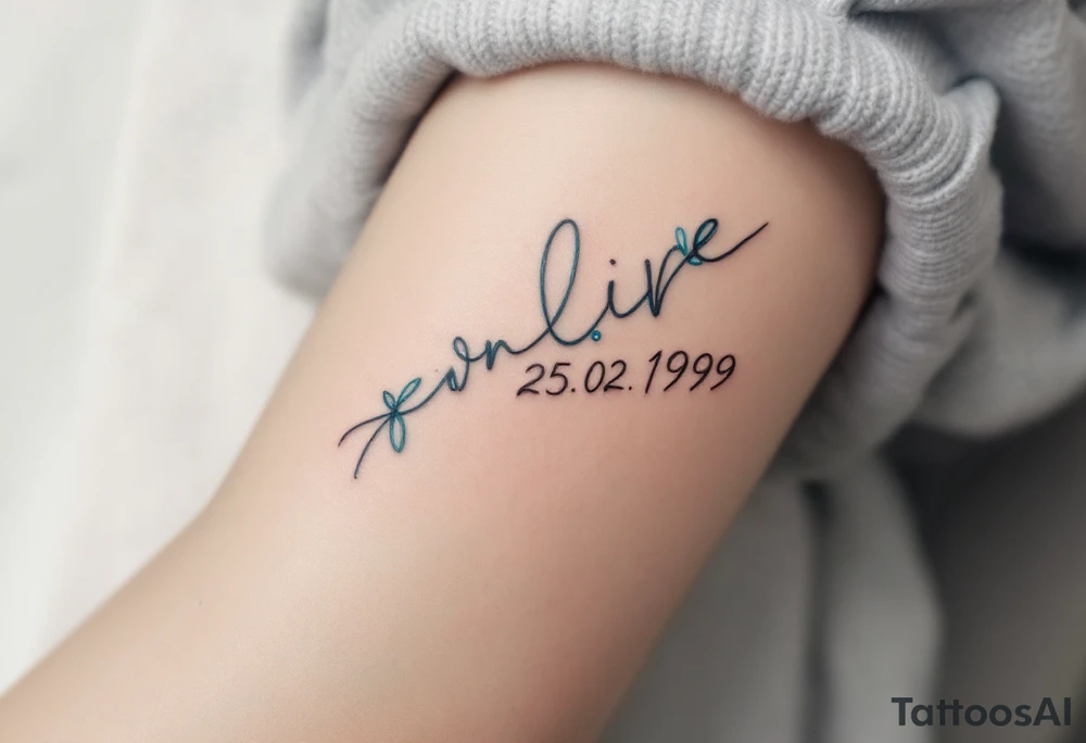 Cursive date 25. 02. 1999 flowing along the spine in cool gray with a hint of icy blue. tattoo idea