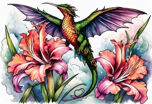 Dragon and hummingbird surrounding a gladiolus tattoo idea