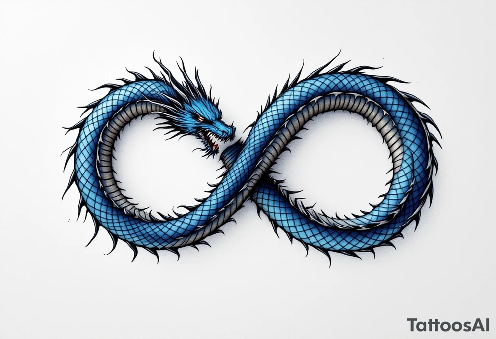 The design features a dragon, coiled in the shape of the infinity symbol (sideways number "8"). The dragon is depicted eating its own tail, symbolizing eternity and continuity, inspired by the Ouroboros.

Details:

The dragon's body has vibrant, glossy blue scales, with a smooth and polished texture.
It maintains a clean, balanced shape in the infinity figure, with sharp details and elegant flow.
Style:

The focus remains on the dragon's form, with no additional background elements to keep the design minimal and modern. tattoo idea