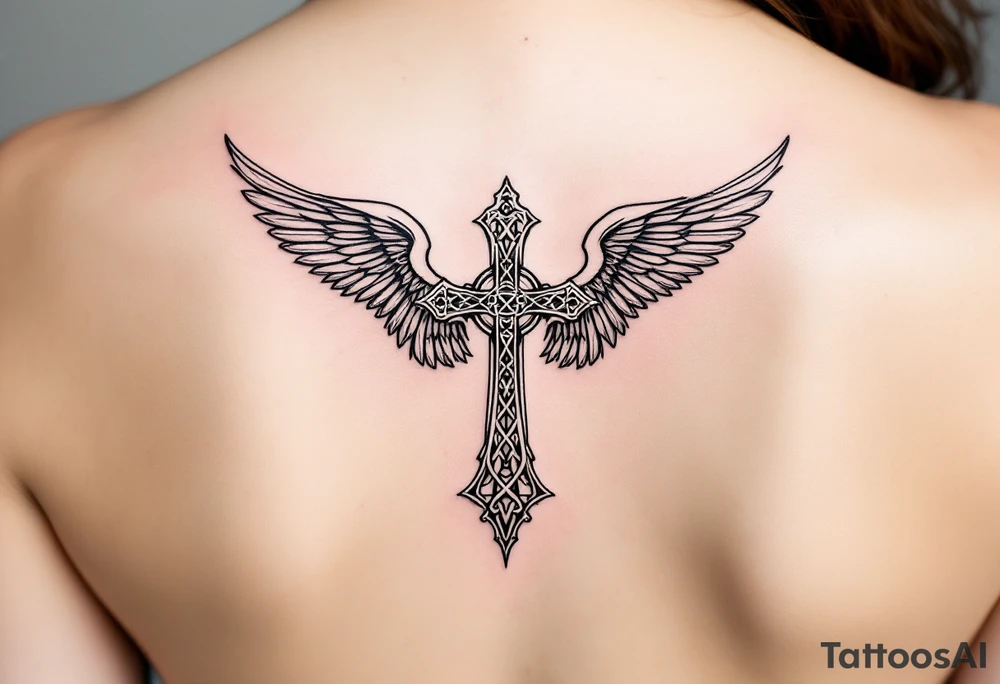 A mimimalist Celtic cross with angel wings unfolding behind it tattoo idea