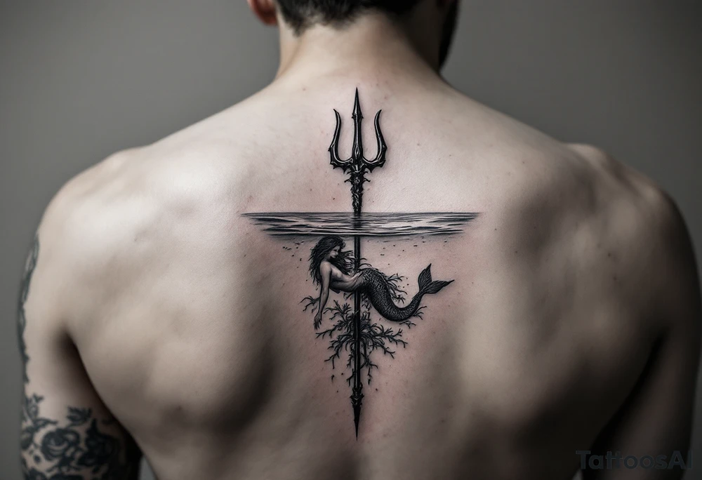 trident half way under calm water with mermaid tattoo idea