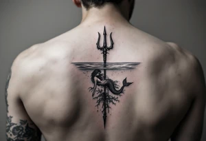 trident half way under calm water with mermaid tattoo idea