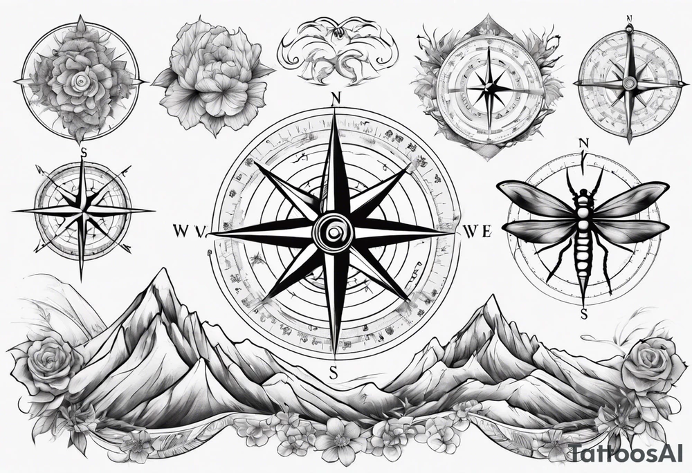 Compass, waves, mountains,
with flowers and dragon fly tattoo idea