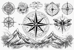 Compass, waves, mountains,
with flowers and dragon fly tattoo idea