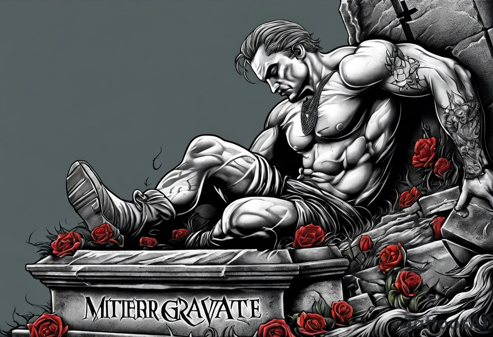 Man crawling out of grave. 
MIW Reincarnate written on gravestone tattoo idea
