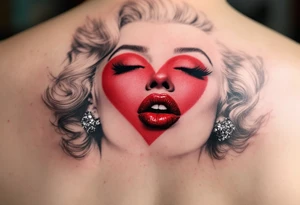 Tattoo of Marilyn blowing a kiss in grayscale with a vivid red heart-shaped kiss mark. tattoo idea