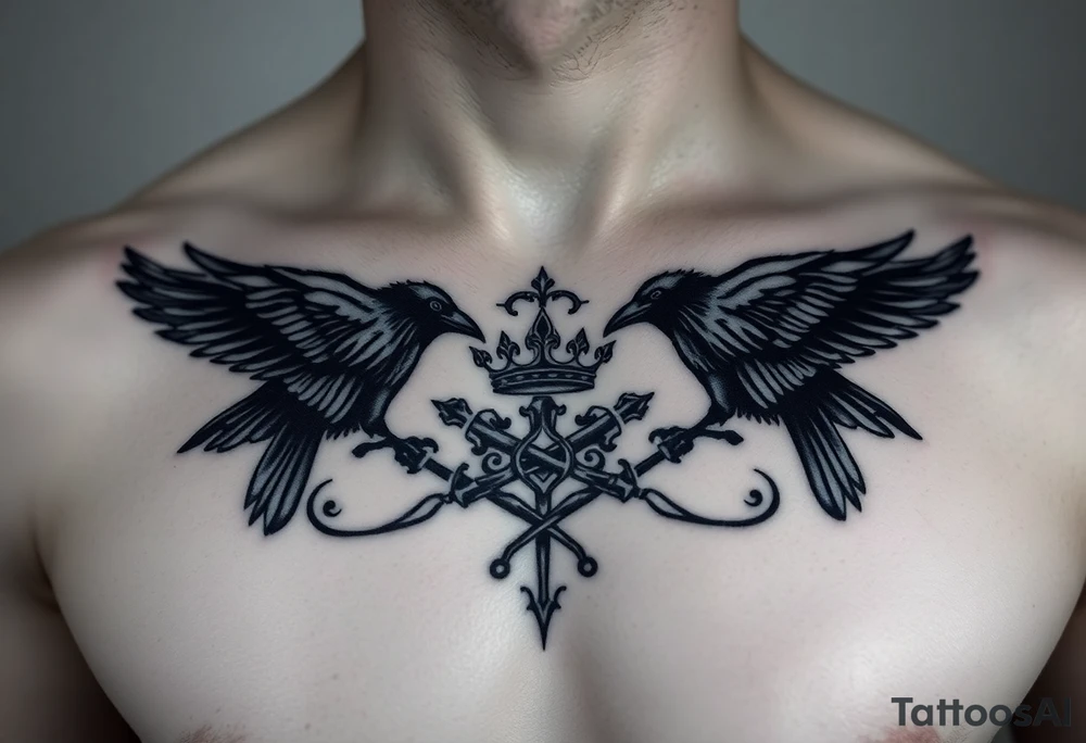 Chest tattoo, two ravens and icelandic symbols, dark brest tattoo, crown betwen ravens tattoo idea