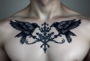 Chest tattoo, two ravens and icelandic symbols, dark brest tattoo, crown betwen ravens tattoo idea