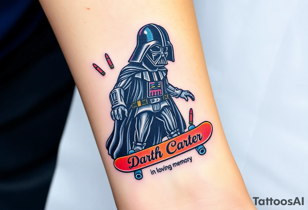 Darth Vader skateboarding > bullets > in loving memory > colors
skateboard words "Darth Carter"
add date 12/29/88-01/06/24 tattoo idea