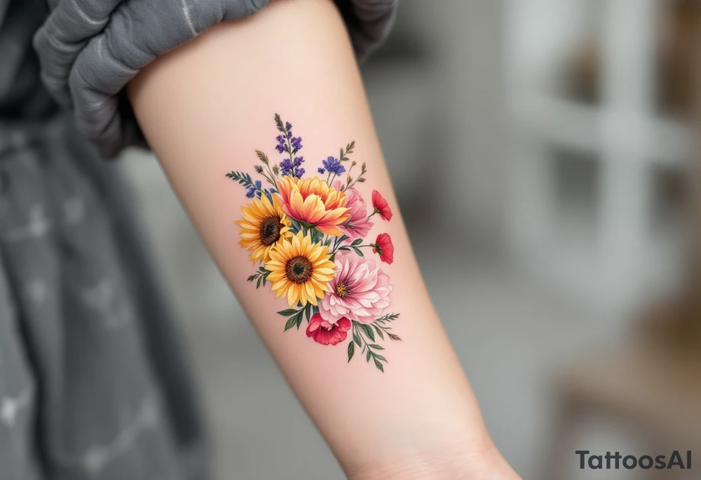 Small watercolour style bunch of wild flowers including lillium orientalis, sunflowers, poppies and peonies to be placed on forearm. Use the watercolour style with no outline on the florals. tattoo idea