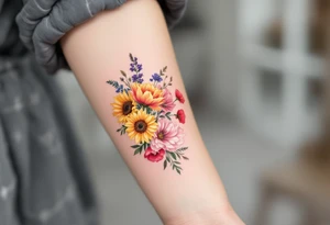 Small watercolour style bunch of wild flowers including lillium orientalis, sunflowers, poppies and peonies to be placed on forearm. Use the watercolour style with no outline on the florals. tattoo idea