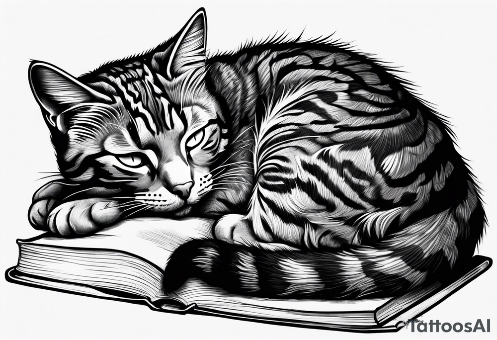 gray tabby cat sleeping with a book sleeve tattoo tattoo idea