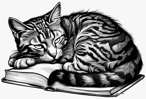 gray tabby cat sleeping with a book sleeve tattoo tattoo idea